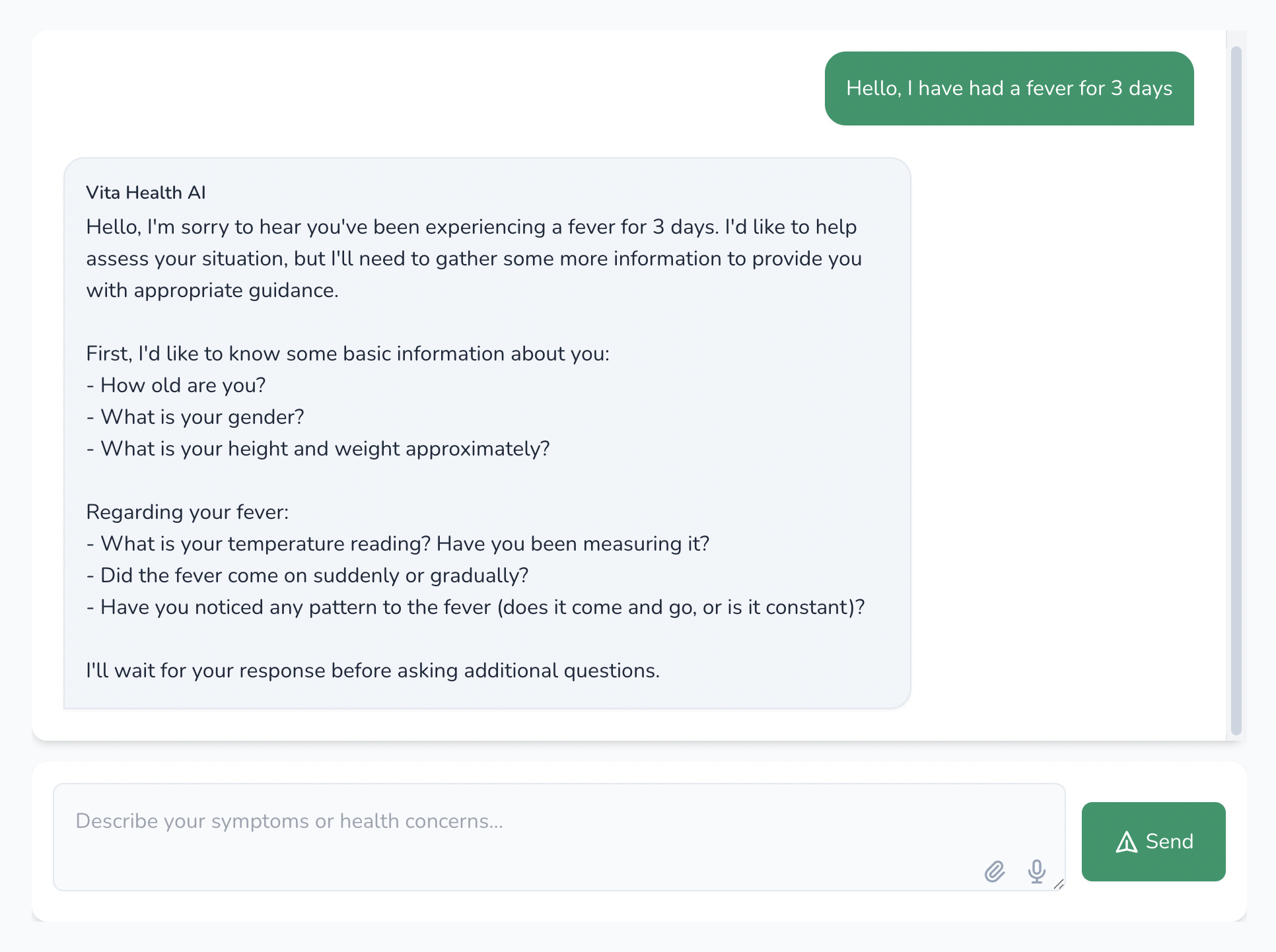 Vita Care platform interface showing symptom analysis and doctor chat